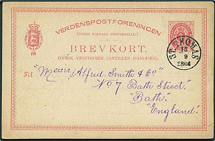 3 cents helsagsbrevkort annulleret med antiqua stempel St. Thomas d. 13.9.1884 til Barth, England.