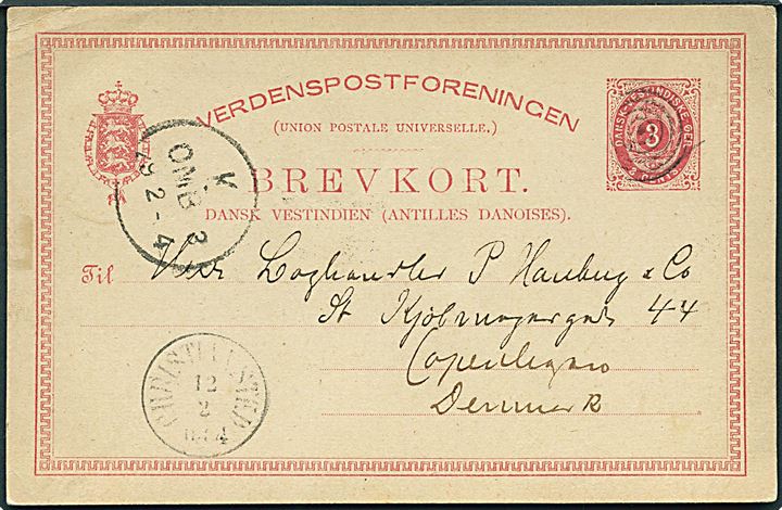 3 cents helsagsbrevkort annulleret med stumt 5-rings-stempel og sidestemplet antiqua Christiansted d. 12.2. 1884 via St. Thomas til Kjøbenhavn, Danmark. Ank. stemplet K. OMB 3 d. 29.2.1884 (skuddag).