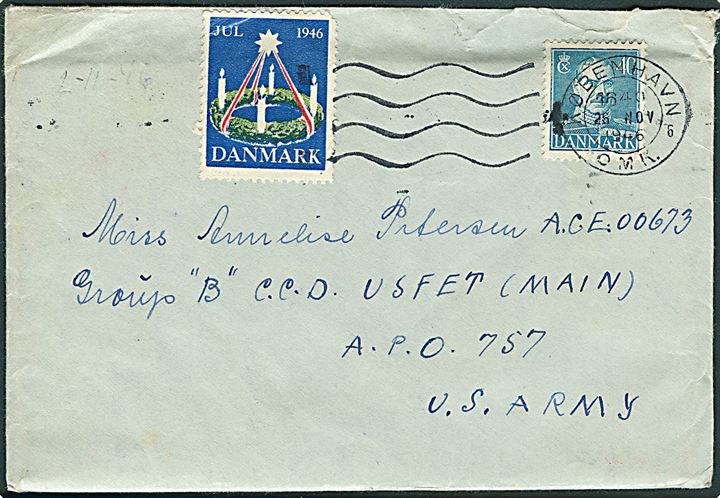 40 øre Chr. X på brev med Julemærke 1946 fra Køben-havn d. 26.11.1946 til dansk kvindelig postcensor ved Group “B”, Civil Censorship Division USFET (Main), APO 757, U. S. Army (= Frankfurt, Tyskland). Mindre skader.