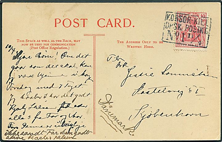 10 pfg. Germania på brevkort annulleret m. skibsstempel KORSØR-KIEL DPSK: POSTKT: No. 1 d. 11.4. ca. 1907 til Kjøbenhavn, Danmark.