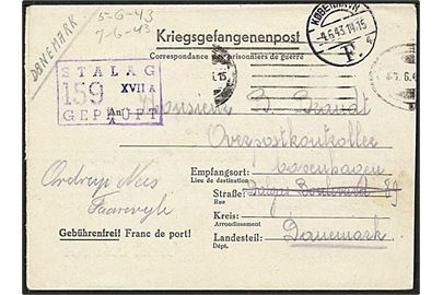 Ufrankeret tysk krigsfange-foldebrev fra fransk fange i Stalag XVIIA (= Kaisersteinbruck bei Bruck) med stumt stempel d. 3.6.1943 til København - eftersendt til Faarevejle. Violet lejrcensur STALAG XVIIA Geprüft 159