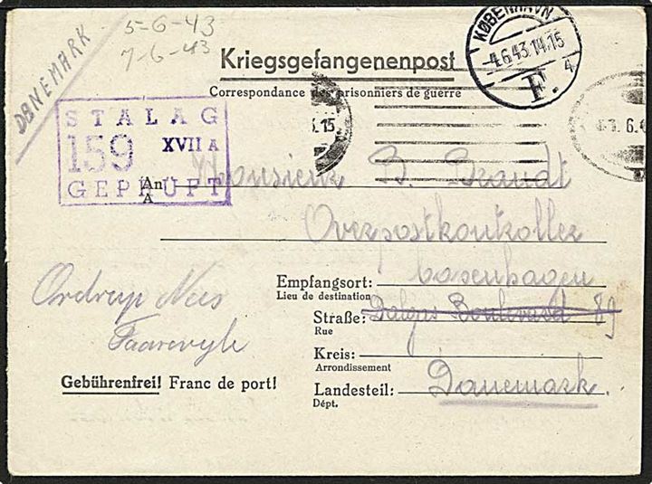 Ufrankeret tysk krigsfange-foldebrev fra fransk fange i Stalag XVIIA (= Kaisersteinbruck bei Bruck) med stumt stempel d. 3.6.1943 til København - eftersendt til Faarevejle. Violet lejrcensur STALAG XVIIA Geprüft 159