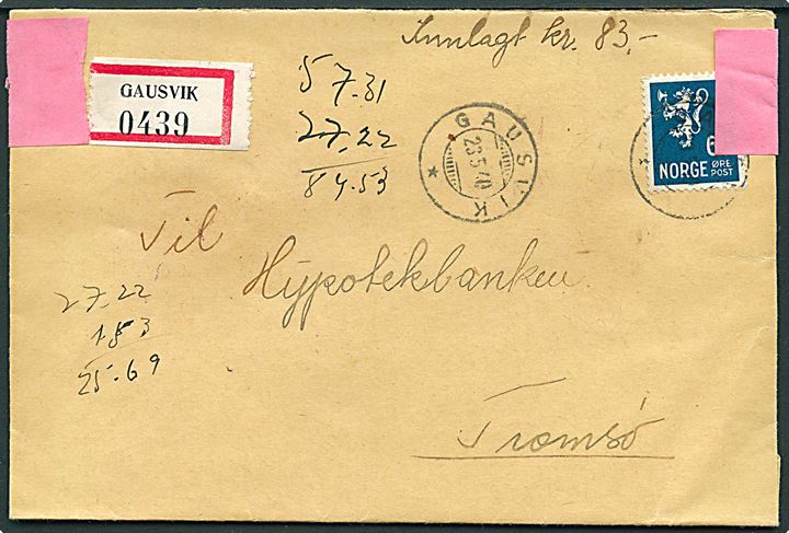 60 øre Løve på værdibrev fra Gausvik d. 23.5.1940 til Tromsø. Censureret i Harstad m. fortrykt rød banderole type 1: Aapnet av postkontrollkontoret påsat 3 laksegl fra Harstad postkontor.