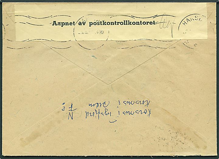 20 øre Løve på brev fra Korsnes d. 21.5.1940 til Stok-marknes. Åbnet af censuren i Harstad hvid fortrykt banderole type 2: Aapnet av postkontrollkontoret stemplet Harstad d. 25.5.1940.