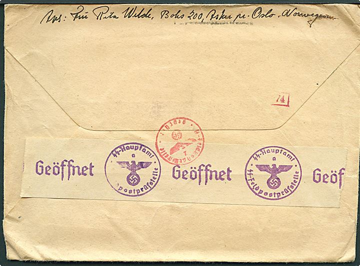 Ufrankeret feltpostbrev fra Asker d. 9.2.1944 til SS-ober-schütze ved Feldpost-nr. 00504A = Norwegisches Ski-Jäger-Bataillon (6. SS-Division). Censureret med for-trykt banderole SS-Hauptamt a SS-Feldpostprüffstelle.  