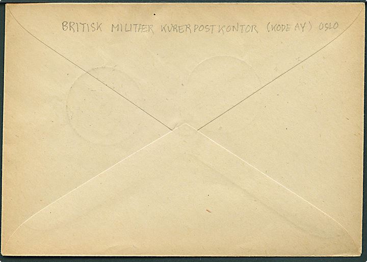 Britisk ½d George VI i fireblok på brev annulleret med britisk kurér stempel Army Signals AY-AY d. 7.7.1945 til Hq. 8801 Air Disarmament Wing i Oslo. Stemplet benyttet af 180th Dispatch Rider Section, Norway Force Signals i Oslo. Filatelistisk.