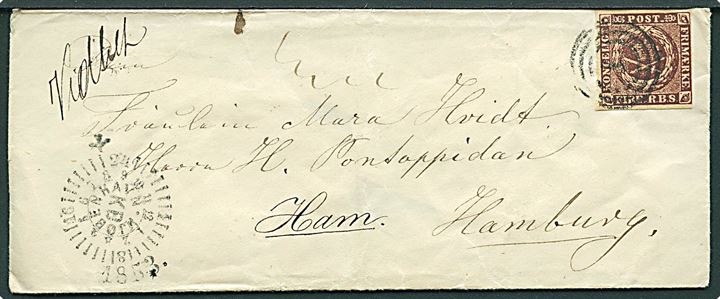 4 R.B.S. Thiele II rødbrun på dampskibsbrev med hånd-skrevet bynavn Vedbek annulleret med nr.stempel “1” og sidestemplet kompasstempel Kjøbenhavn d. 23.8.1853 til Hamburg. Ank.stemplet K.D.O.P.A. Hamburg d. 21.8.