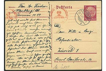 15 pfg. Hindenburg helsagsbrevkort fra Raubling d. 19.5.1942 til Zürich, Schweiz. Tysk censur.