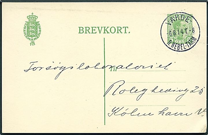 5 øre Chr. X helsagsbrevkort dateret Sønder og Nørre Bork majeri annulleret med brotype IIIe bureaustempel Varde - N. Nebel - Tarm T.8 d. 6.8.1914 til København. Meget smukt aftryk.