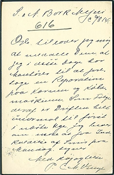 5 øre Chr. X helsagsbrevkort dateret Sønder og Nørre Bork majeri annulleret med brotype IIIe bureaustempel Varde - N. Nebel - Tarm T.8 d. 6.8.1914 til København. Meget smukt aftryk.