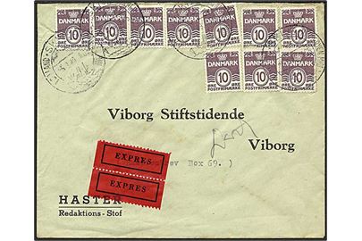 10 øre Bølgelinie (10) på 1 kr frankeret ekspresbrev fra Skive d. 5.2.1949 til Viborg. Fortrykt kuvert mærket: HASTER / Redaktions-Stof. 