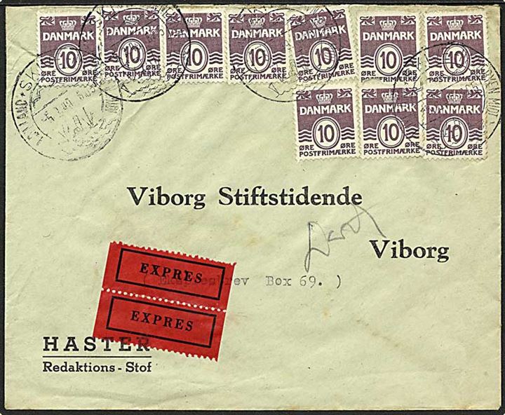 10 øre Bølgelinie (10) på 1 kr frankeret ekspresbrev fra Skive d. 5.2.1949 til Viborg. Fortrykt kuvert mærket: HASTER / Redaktions-Stof. 