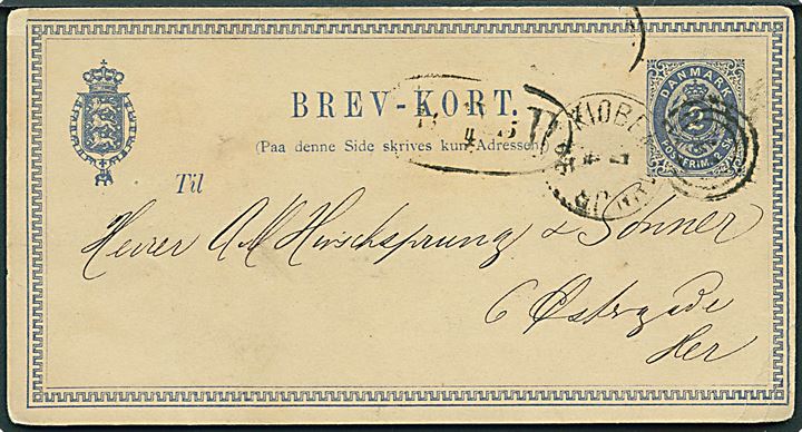 2 sk. lokalt helsagsbrevkort anvendt i ØREPERIODEN med kombineret nr.stempel “34”/Kiøbenhavn JB. d. 7.4.1875 og sort fodpoststempel F:P: d. 7.4.1875. Lille hjørneknæk.