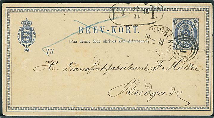 2 sk. lokalt helsagsbrevkort anvendt i ØREPERIODEN med kombineret nr.stempel Kiøbenhavn JB d. 22.11.1875 og sidestemplet med sort fodpoststempel F:P: d. 22.11. 1875 til Bredgade. 