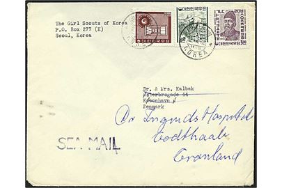 17.00 W. blandingsfrankering på brev fra Girl Scouts of Korea i Seoul d. 12.11.1963 til København - eftersendt til Godthaab, Grønland. Sendt som overfladepost med liniestempel Sea Mail. Bagklap mgl. God spejder, Korea og Grønland kombination. 