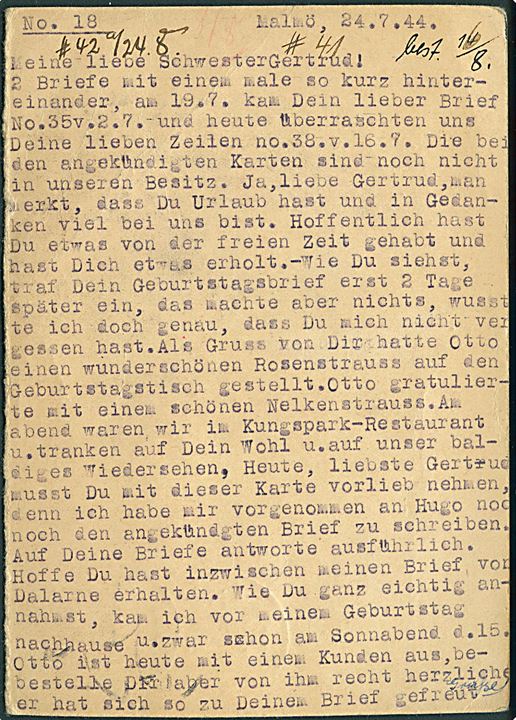 Tysk 15 pfg. Hindenburg svardel af dobbelt helsags-brevkort opfrankeret med 10 öre Skytterörelsen og sendt som luftpost fra Malmö d. 26.7.1944 til Berlin, Tyskland. Passér stemplet ved den tyske censur i Berlin.