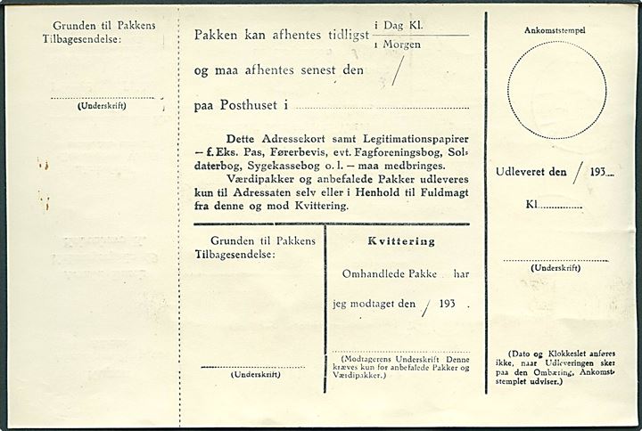 10 øre Tavsen (2) og 1 kr. Chr. X (3) på 320 øre frankeret adressekort for 3 pakker fra firma Arnold Busck i København med tryksager annulleret Grønlands Styrelse d. 1.8.1929 til Ritenbenk, Grønland. (OBS! Fejlindstillet stempel). Befordret med M/S “Disko” på 3. rejse 1939. 