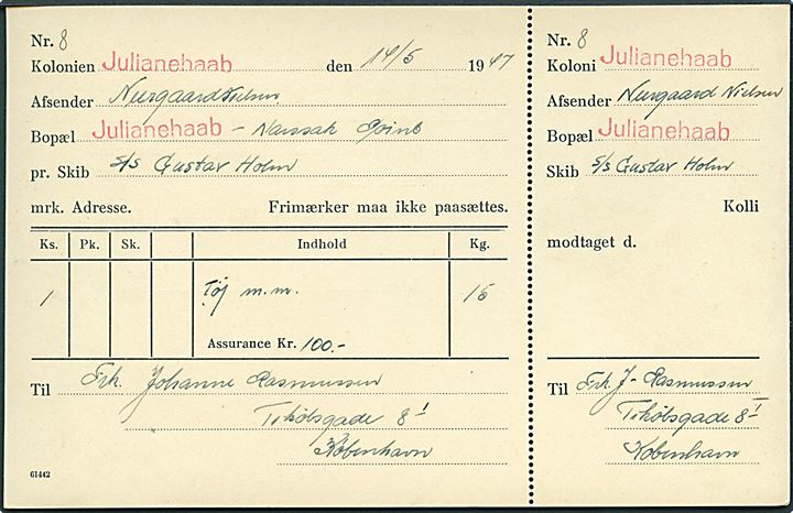 Fragtbrev for forsendelse af gods fra Nassak Point pr. Julianehaab d. 14.5.1947 med S/S “Gustav Holm” til København. Formular 61442.