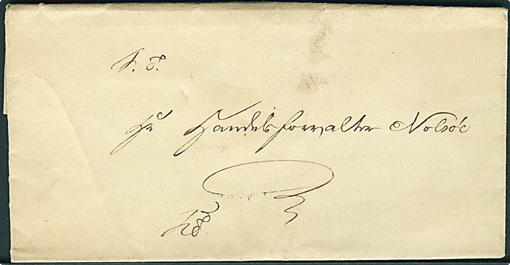 1842. Tjenestebrev mærket “K.T.” med indhold dateret Thorshavn d. 31.3.1842 til Handelsforvalter Nolsöe. På bagsiden pænt laksegl: FÆRÖE AMTS SEGL.  