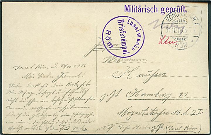 Ufrankeret feltpost brevkort (Soldat til hest) stemplet Kongsmark *Röm* d. 31.10.1916 til Hamburg. Violet censurstempel: “Militärisch geprüft” og Briefstempel Inselwache Röm. Flotte stempler.