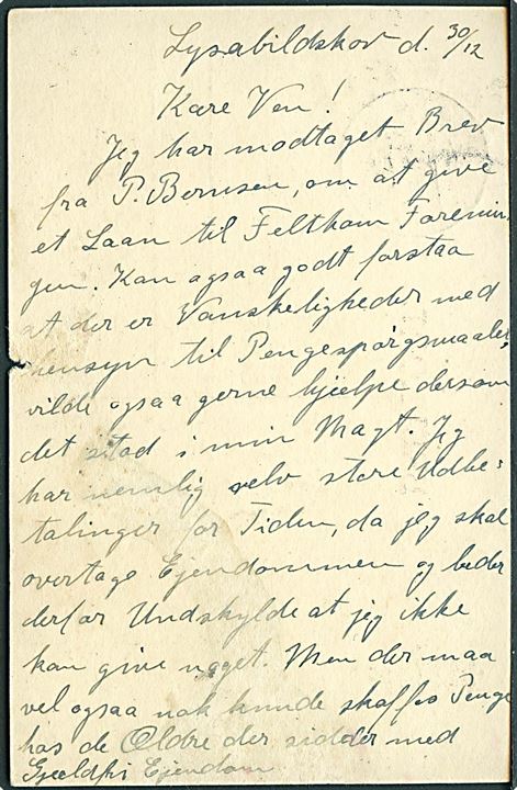 15 øre Chr. X helsagsbrevkort dateret i  Lysabildskov og annulleret med bureaustempel Sønderborg - Skovby Als T.14 d. 30.12.1921 til Ørby Skole pr. Vonsbæk. Skadet.