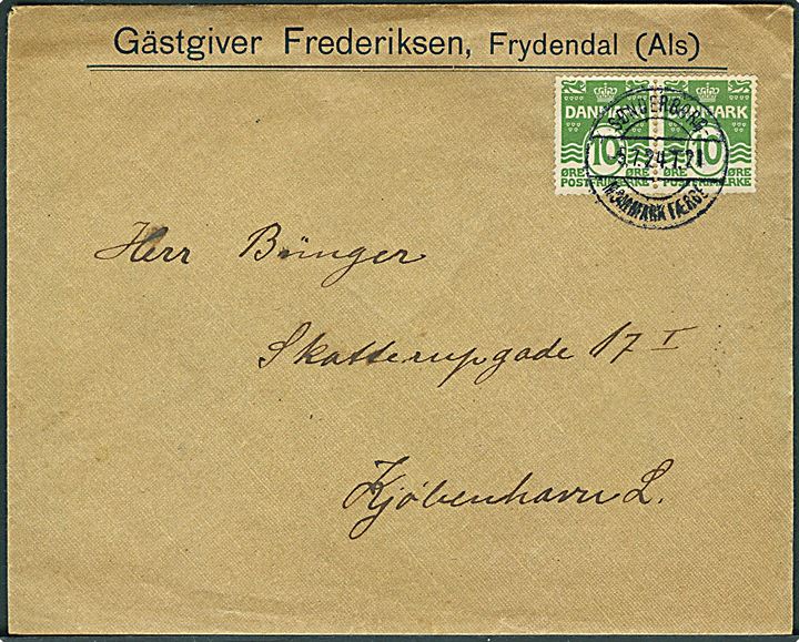 10 øre Bølgelinie i parstykke på brev fra Frydendal Kro annulleret med bureaustempel Sønderborg - Mommark Færge T.21 d. 5.7.1924 til København. Pænt brev.