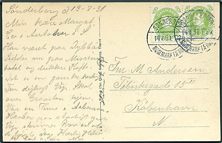 5 øre Chr. X 60 år i parstykke på brevkort fra Sønderborg annulleret med bureaustempel Sønderborg - Mommark Færge T.24 d. 14.7.1931 til København.