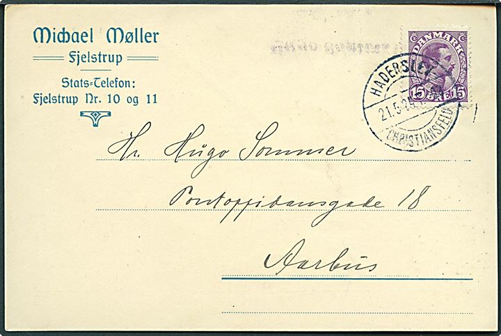15 øre Chr. X på brevkort fra Fjelstrup annulleret med bureaustempel Haderslev - Christiansfeld T.08 d. 21.5. 1924 til Aarhus. 
