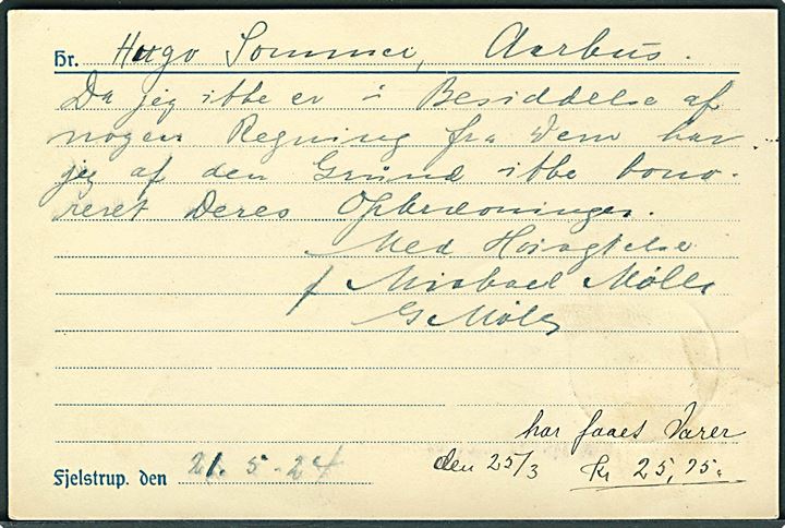 15 øre Chr. X på brevkort fra Fjelstrup annulleret med bureaustempel Haderslev - Christiansfeld T.08 d. 21.5. 1924 til Aarhus. 