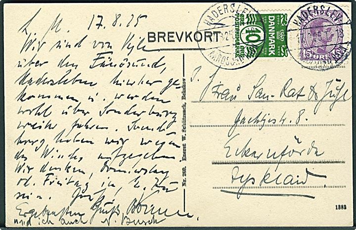 10 øre Bølgelinie og 15 øre Chr. X på brevkort (Aarøsund havn med togvogn og fyr) fra Aarøsund annulleret med bureaustempel Haderslev - Aarøsund Havn T.18 d. 17.8.1925 til Eckernförde, Tyskland. 