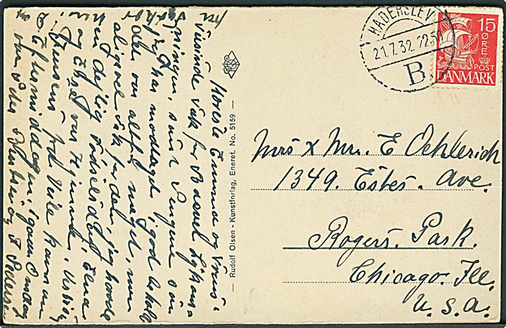 15 øre Karavel på brevkort annulleret med brotype Vd Haderslev B. d. 21.7.1932 til Chicago, USA. Stempel registreret anvendt 1930-1934.