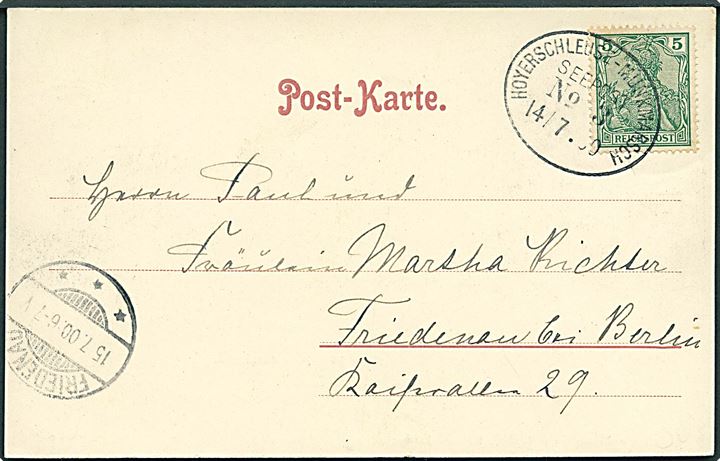 5 pfg. Germania på brevkort (Gruss vom Nordseestrand) fra Sylt annulleret med skibsstempel Hoyerschleuse - Munkmarsch Seepost No. 3 d. 14.7.1900 til Fridenau.