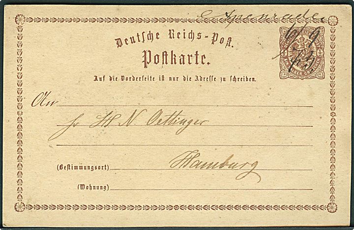 ½ gr. helsagsbrevkort annulleret med håndskrevet bynavn “Apenrade” d. 6.9.1873 til Hamburg.