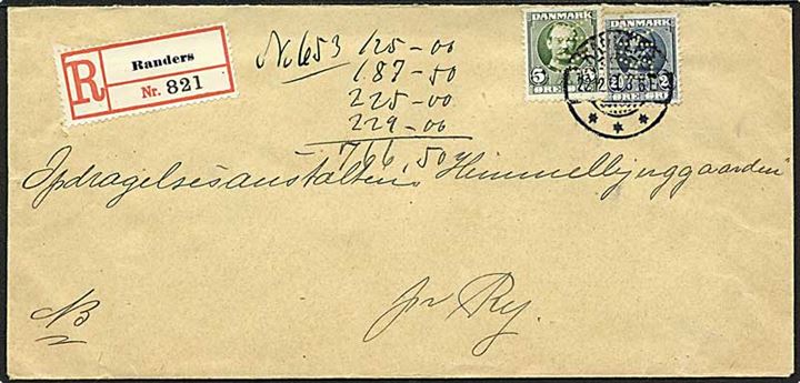 5 øre grøn og 20 øre blå Fr. VIII på Rec. brev fra Randers Kæmnerkontor d. 22.12.1911 til Ry. Mærkerne med perfin R.15 - Randers Kæmnerkontor.