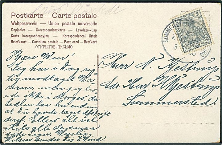 2 pfg. Germania på lokalt brevkort annulleret med bureau Sommerstedt - Schottburg Bahnpost Zug 55 d. 3.3.1906 og påskrevet “Aus Oerstedt” til Sommerstedt. Eksempel på at lokalforsendelser annulleret i jernbanepostbureauer fik noteret afsendelsessted. Sjælden.