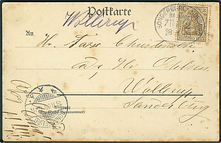3 pfg. Germania på lokalt brevkort med håndskrevet bynavn “Wollerup” og annulleret bureau Sonderburg - Norburg Bahnpost Zug 2 d. 28.11.1905 til Wollerup pr. Sonderburg. Afsendelsessted blev skrevet på lokal forsendelser modtaget i jernbanebureauerne. Sjælden.