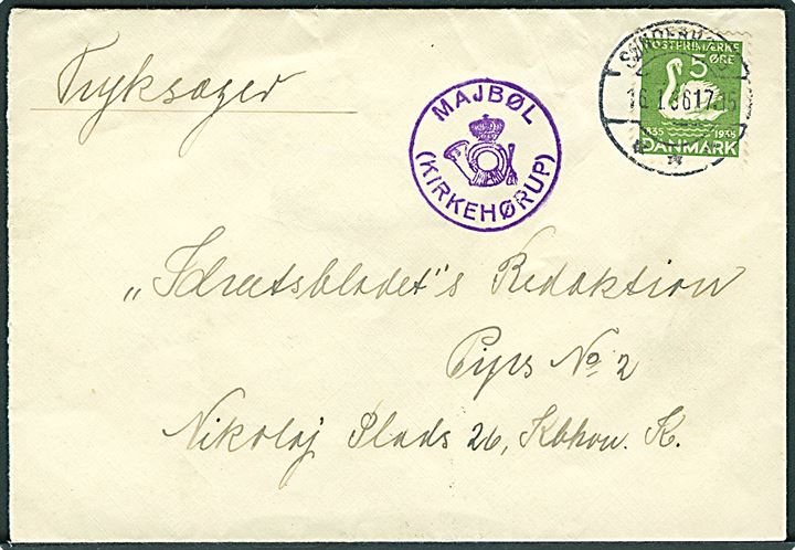 5 øre H. C. Andersen på tryksag annulleret Sønderborg d. 16.1.1936 og sidestemplet med tydeligt posthornstempel MAJBØL (KIRKEHØRUP) til København. Flot brugsbrev.