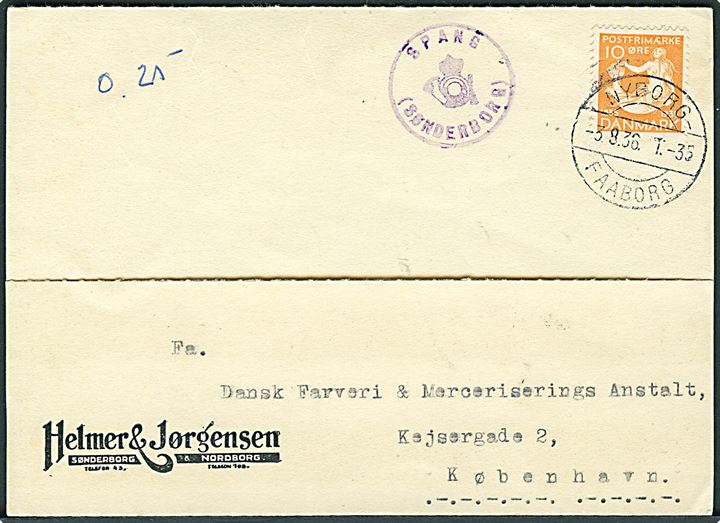 10 øre H. C. Andersen på brevkort med posthornstempel SPANG (SØNDERBORG) og annulleret bureau Nyborg - Faaborg T.35 d. 3.8.1936 til København. Interessant eksempel på kassetømning på Sønderborg-Mommark banen hvor frimærket først er blevet annulleret på Fyn. 