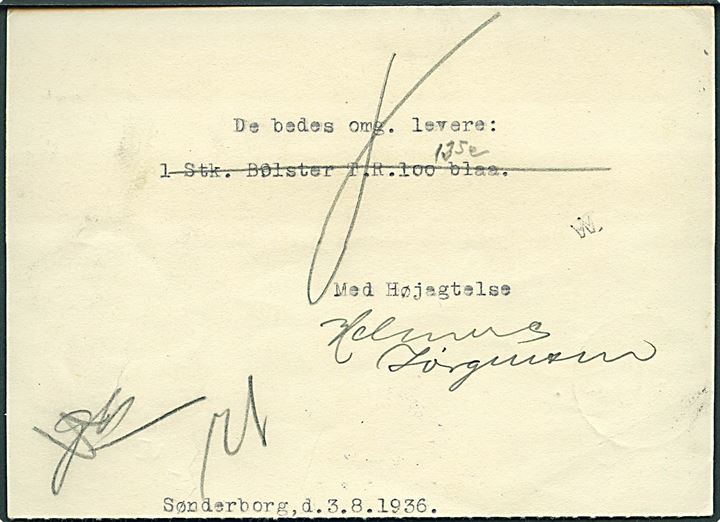 10 øre H. C. Andersen på brevkort med posthornstempel SPANG (SØNDERBORG) og annulleret bureau Nyborg - Faaborg T.35 d. 3.8.1936 til København. Interessant eksempel på kassetømning på Sønderborg-Mommark banen hvor frimærket først er blevet annulleret på Fyn. 