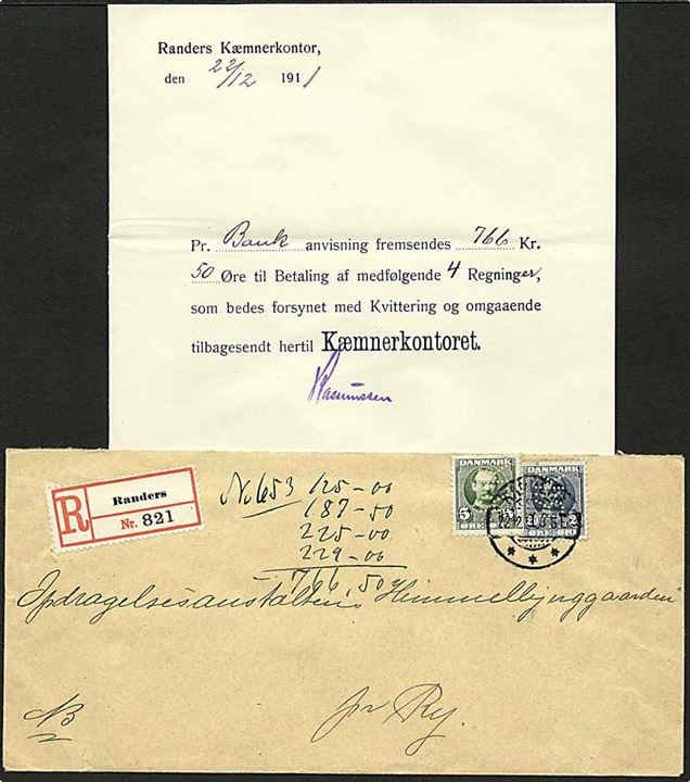 5 øre grøn og 20 øre blå Fr. VIII på Rec. brev fra Randers Kæmnerkontor d. 22.12.1911 til Ry. Mærkerne med perfin R.15 - Randers Kæmnerkontor.