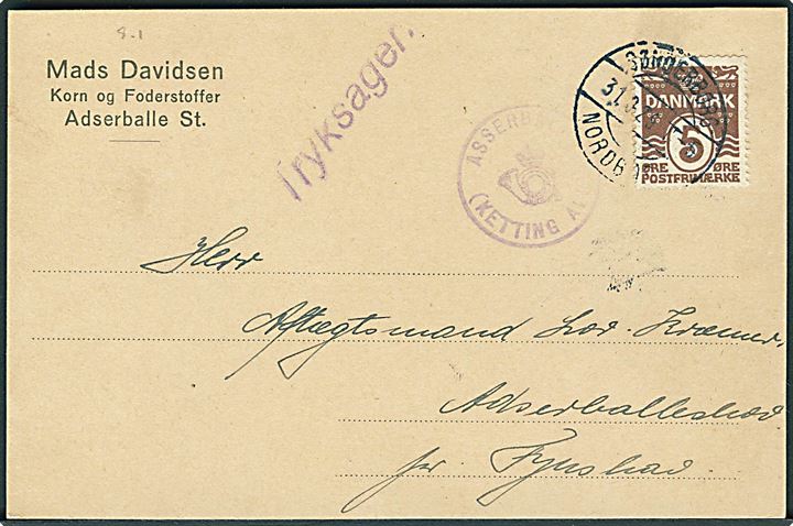 5 øre Bølgelinie på tryksags-brevkort annulleret med bureaustempel Sønderborg - Nordborg T.5 d. 31.9.1931 og sidestemplet med posthornstempel ASSERBALLE (KETTING ALS) til Asserballeskov pr. Fynshav.