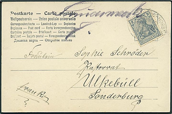 2 pfg. Germania på lokalt brevkort med håndskrevet bynavn “Sundsmark” annulleret bureau Sonderburg - Norburg Zug 9 d. 10.5.1904 til Ulkebüll pr. Sonderburg. Sjældent håndskrevet afsendelsessted på lokalforsendelse fra trindbræt på Sonderburg-Norburg banen.