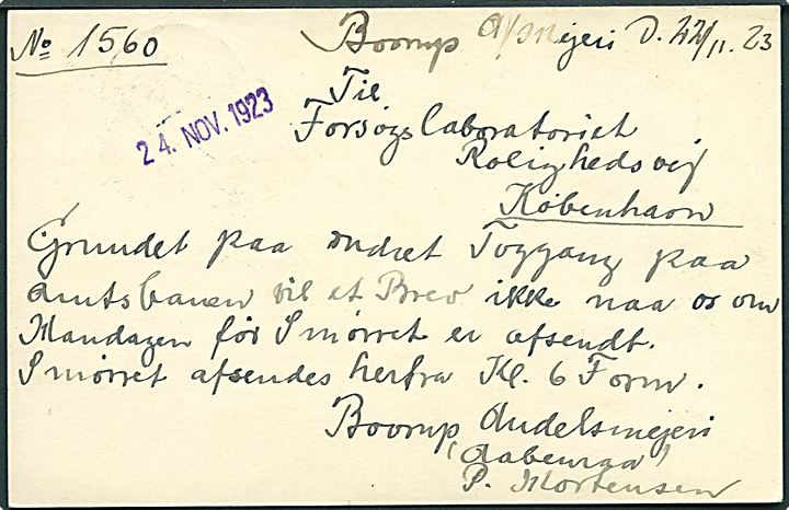 15 øre Chr. X helsagsbrevkort (fabr. 71-H) fra Bovrup Mejeri annulleret m. bureaustempel Aabenraa - Graasten sn2 T.03 d. 23.11.1923 til København. Sjældent stempel.