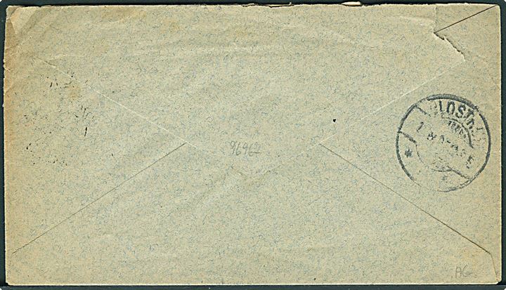 8 øre Tofarvet på brev annulleret m. privat ovalt stempel VEDBÆK * D.S.B. * d. 11.8.1897 og sidestemplet Sjællandske Kystbane T.416 d. 11.8.1897 til Vridsløse pr. Glostrup. Stempel benyttet i Vedbæk i august 1897 hvor man afventede levering af et nyt brotypestempel.