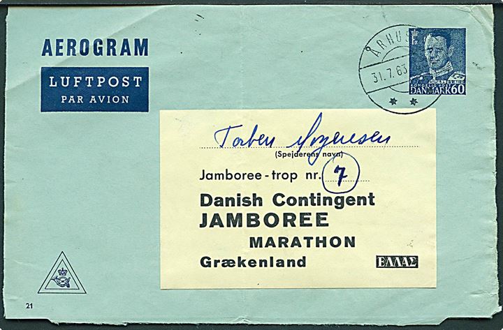 60 øre Fr. IX helsags aerogram (fabr. 21) fra Århus C. d. 31.7.1963 til dansk spejder ved den 11. Verdens Spejder Jamboree, Marathon i Grækenland. Interessant fortrykt adresseseddel til brug på post til det danske kontingent. 