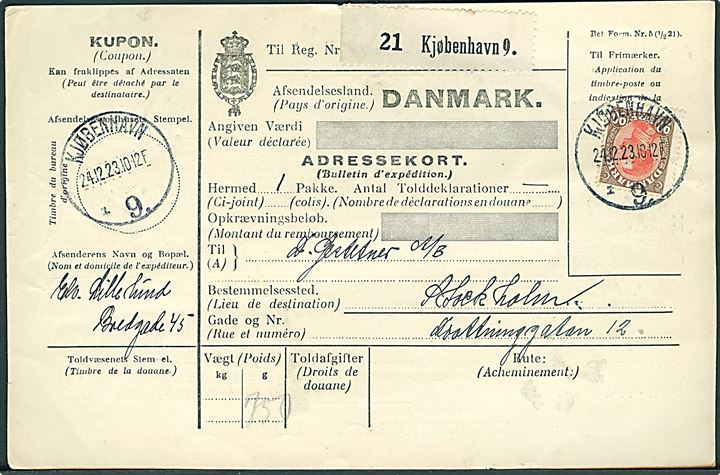90 øre Chr. X single på internationalt adressekort for pakke fra Kjøbenhavn 9 d. 24.12.1923 til Stockholm, Sverige. Flot forsendelse.