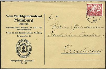 12 pfennig rød singelfrankatur på brev fra Mainburg, Tyskland, d. 9.11.1933 til Landshut.