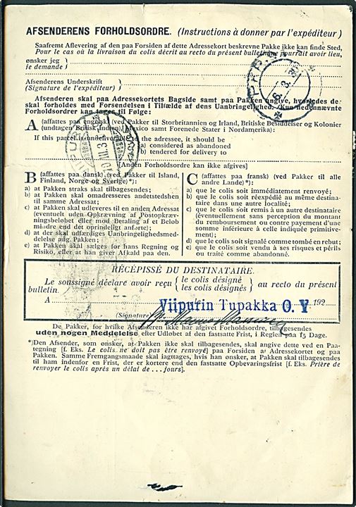 1 kr. Chr. X (8) på internationalt adressekort for ekspres ilpakke fra København d. 5.3.1930 via København - Helsingborg T.435 til Viipuri, Finland. 