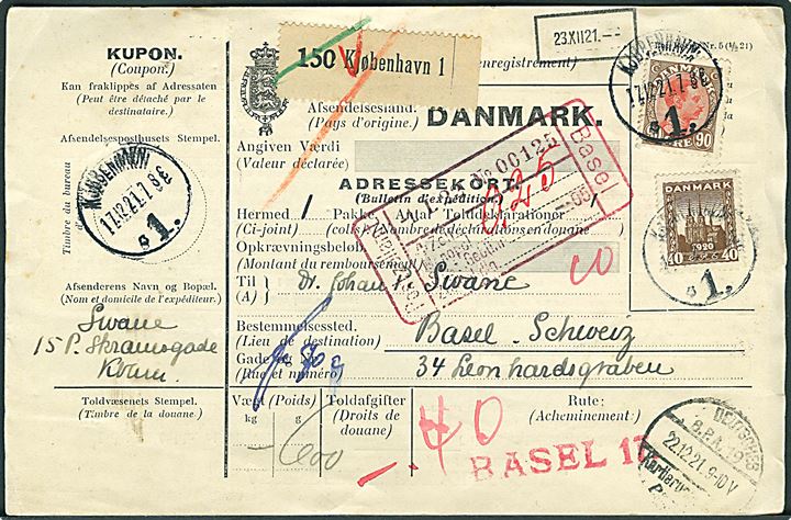 40 øre Genforening og 90 øre Chr. X på internationalt adressekort for pakke fra Kjøbenhavn d. 17.12.1921 til Basel, Schweiz.