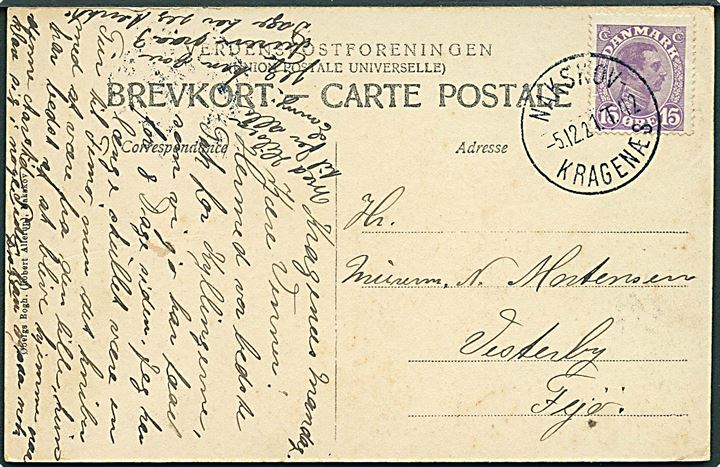 15 øre Chr. X på brevkort (Parti fra Kragenæs) annulleret med smukt bureaustempel Nakskov - Kragenæs T.42 d. 5.12.1921 til Vesterby på Fejø. Vanskeligt stempel.